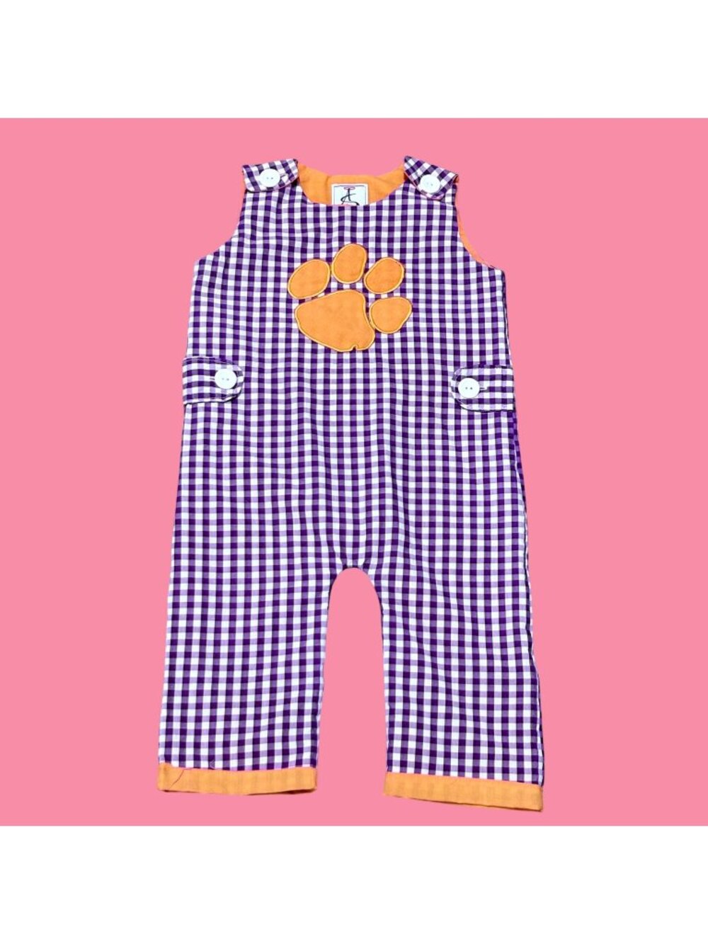 CLEMSON Baby Girl Overalls With Paw Print Design 18-24M Purple Orange Gingham